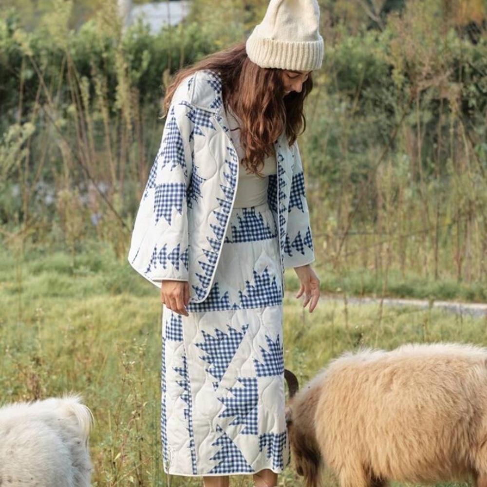 Blue and White Quilted Jacket and Skirt Set